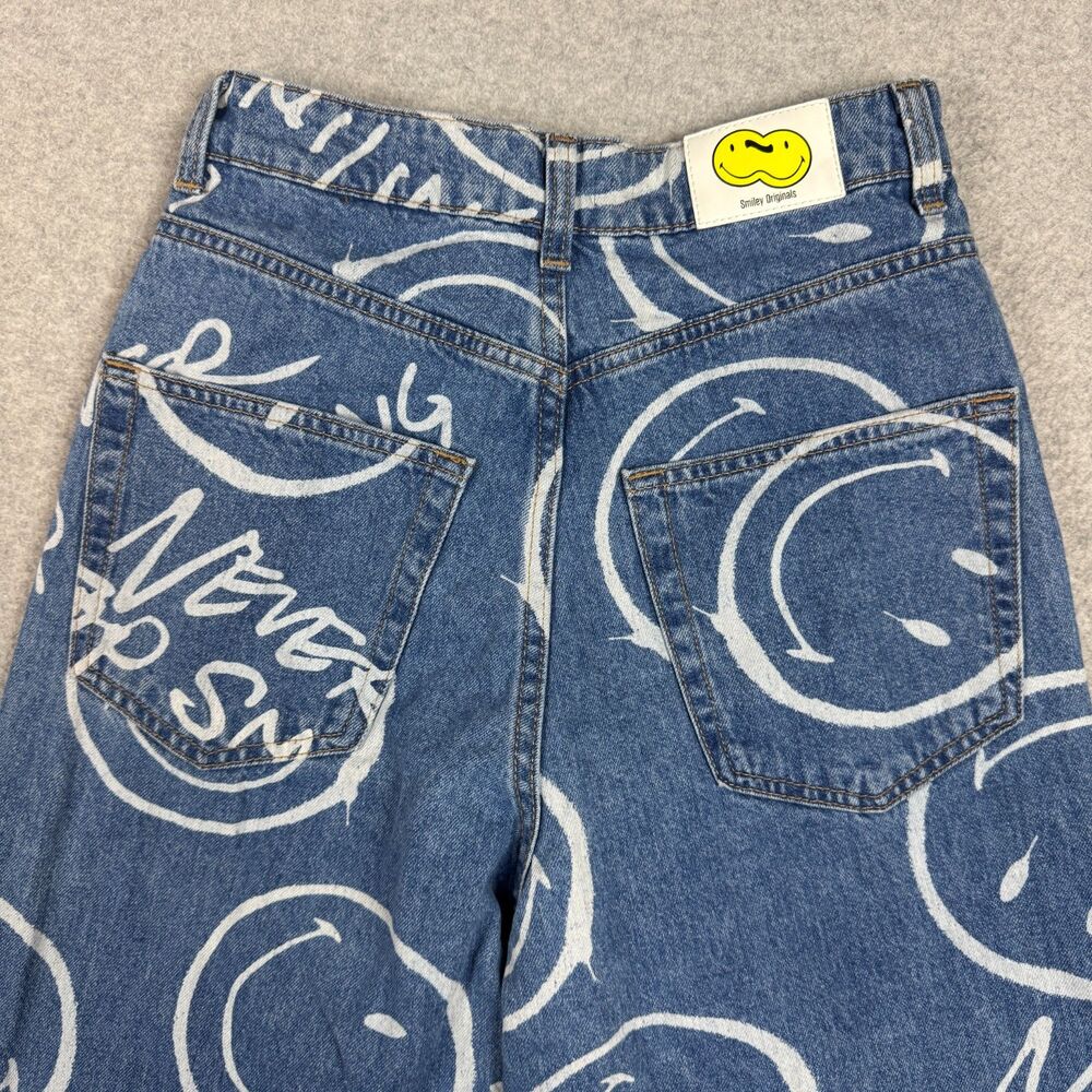 H&M x Smiley Womens Y2K Baggy Style Smiley Face Print Denim Jeans - Size 0 - Picture 4 of 7